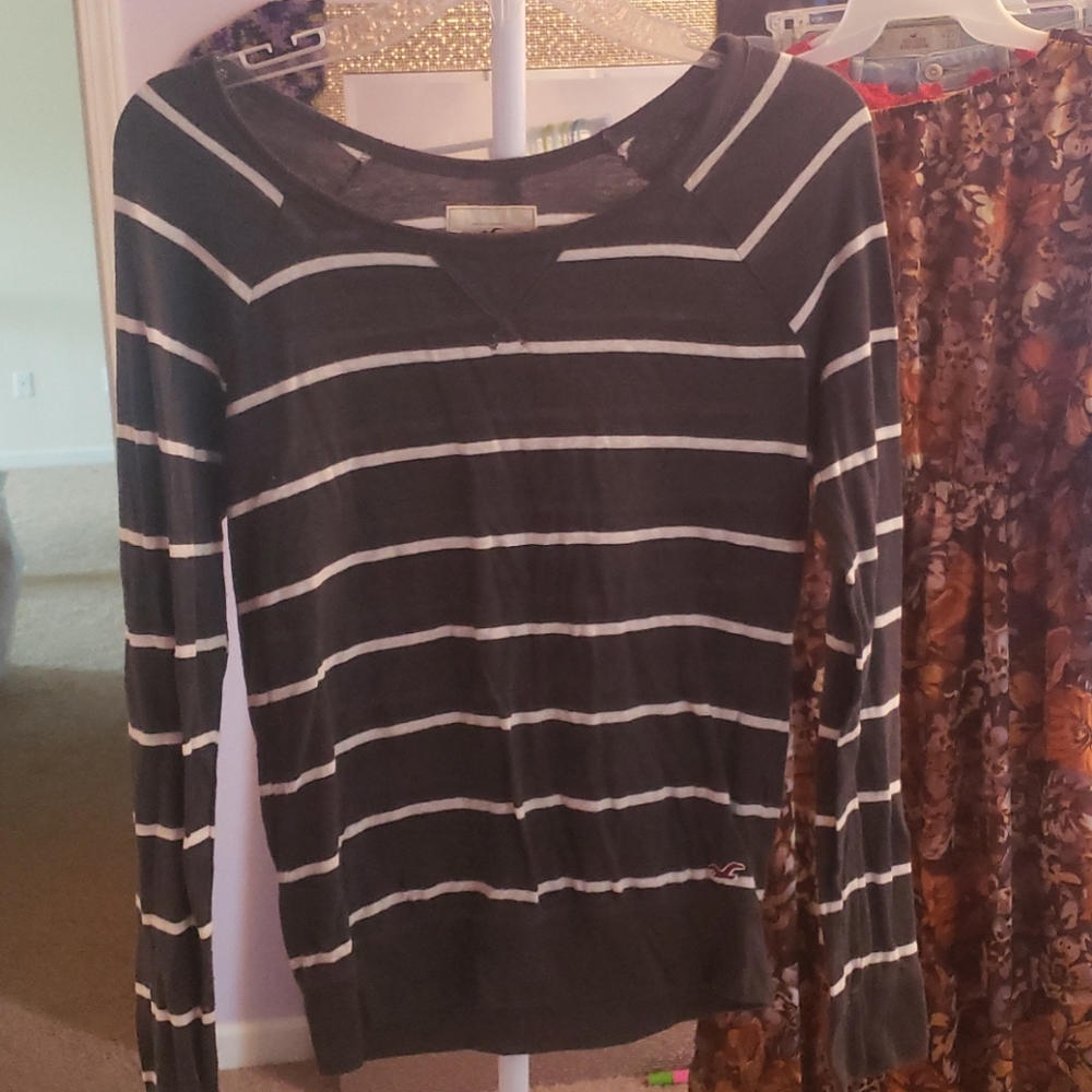 Hollister Grey and White Striped Long Sleeve Tee